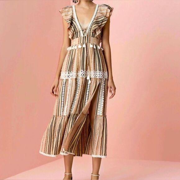 Hemant & Nandita Multicolored Cotton Pixie Fringe Midi Dress Size Medium - Picture 1 of 16